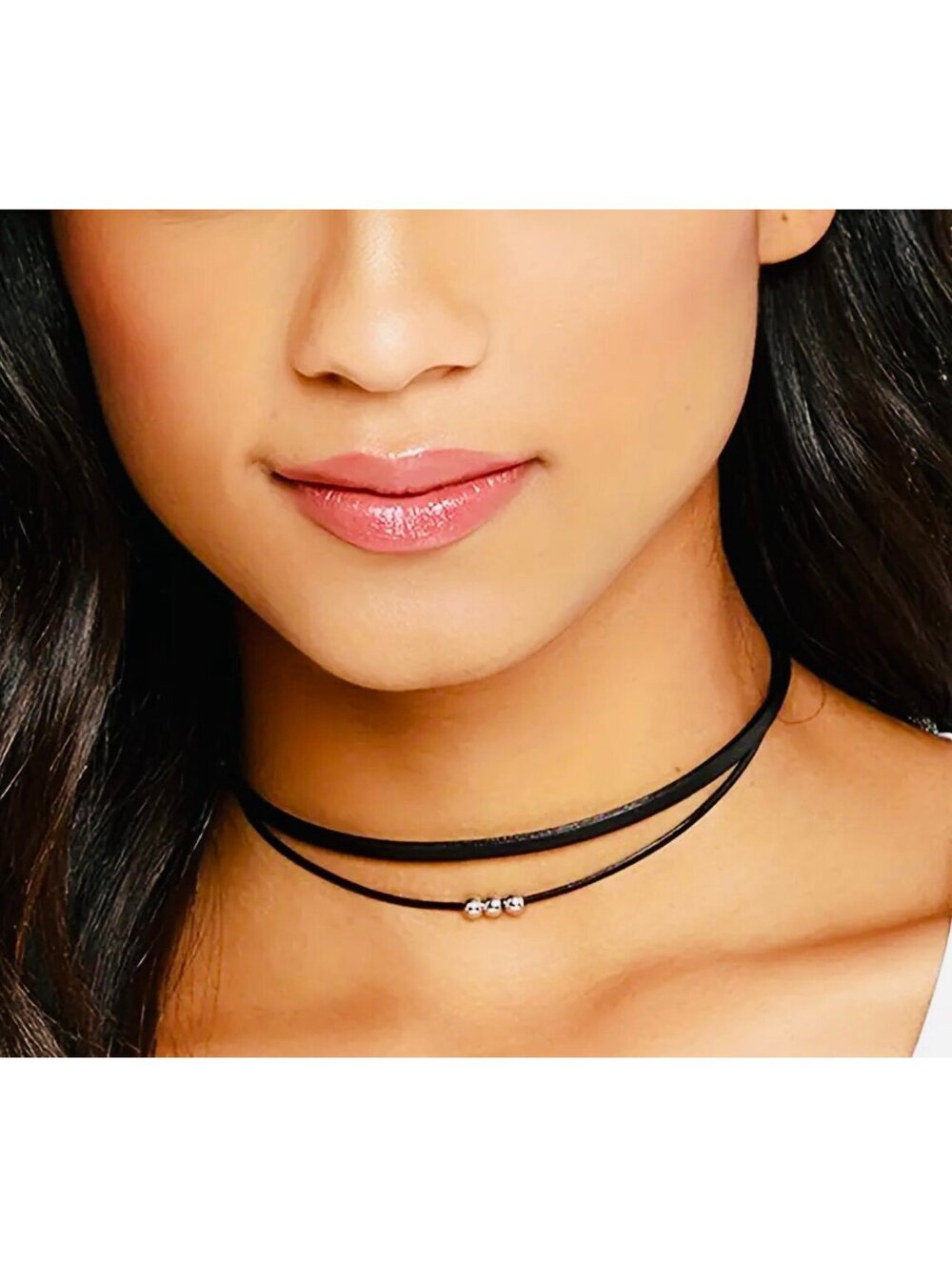 New - Vintage - Faux Leather - Wax Cord - Double Layer Choker Necklace w/Beads